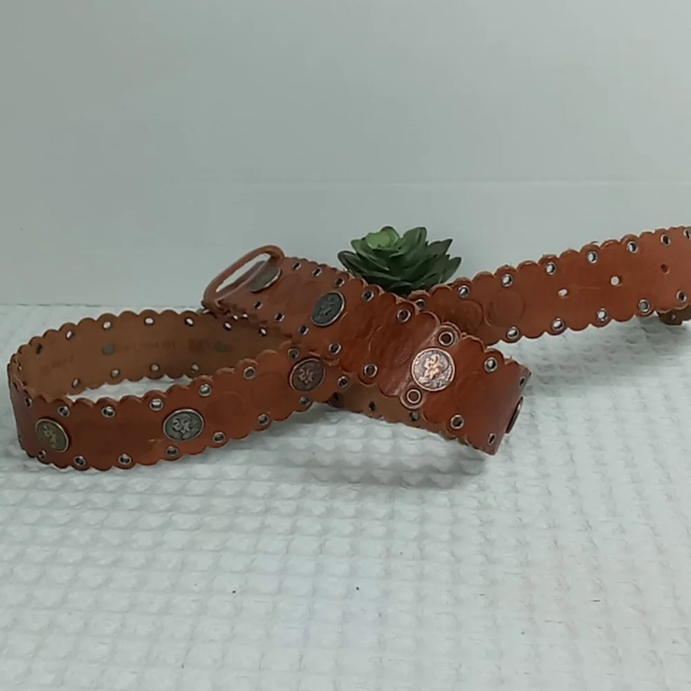 Fossil Brown Leather Belt With Coin Details Scalloped Edges And Grommets Size M - Picture 3 of 14